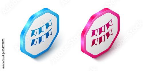 Isometric Carnival garland with flags icon isolated on white background. Party pennants for birthday celebration, festival decoration. Hexagon button. Vector