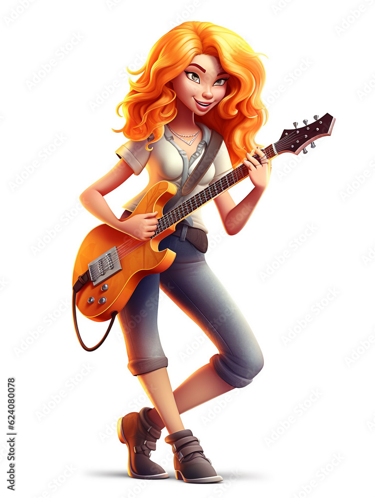 A girl playing guitar in cartoon style illustration