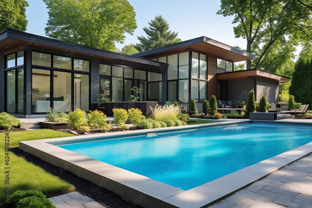 Fototapeta premium Rear garden of a contemporary Australian home with tiled swimming pool, modern real estate. High quality photo