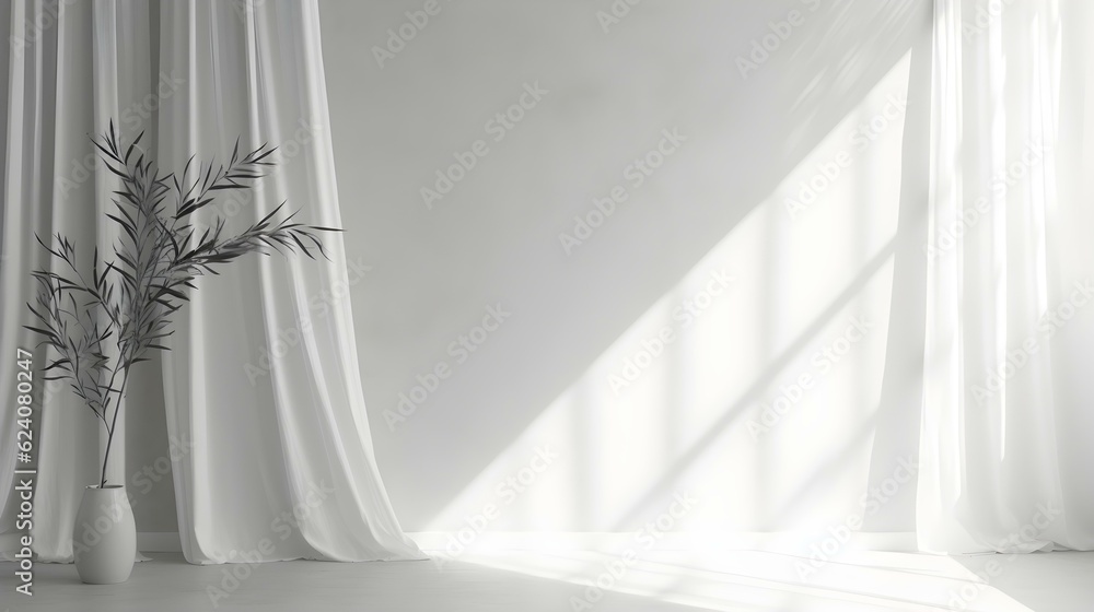 Elegant Room with Curtains in white Colors and Shadow of Windows. Studio Background for Product Presentation.
Elegant Room with Curtains in white Colors and Shadow of Windows. Studio Background for Product Presentation.