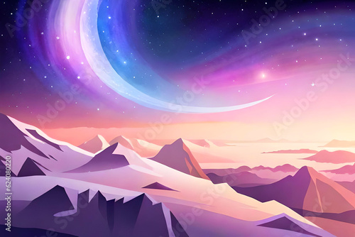 Dreamy pastel watercolor celestial night scene with shining stars in galaxy cartoon background