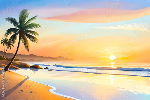 Tranquil watercolor vector sea beach at sunset background with soft pastel hues blending together in the sky