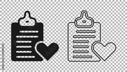 Black Medical clipboard with clinical record icon isolated on transparent background. Prescription, medical check marks report. Vector
