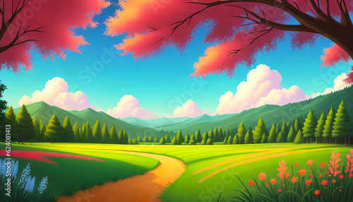 Vector abstract and dynamic background with organic nature  trees  mountain  and river