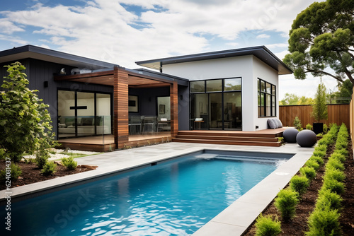Rear garden of a contemporary Australian home with tiled swimming pool  modern real estate. High quality photo