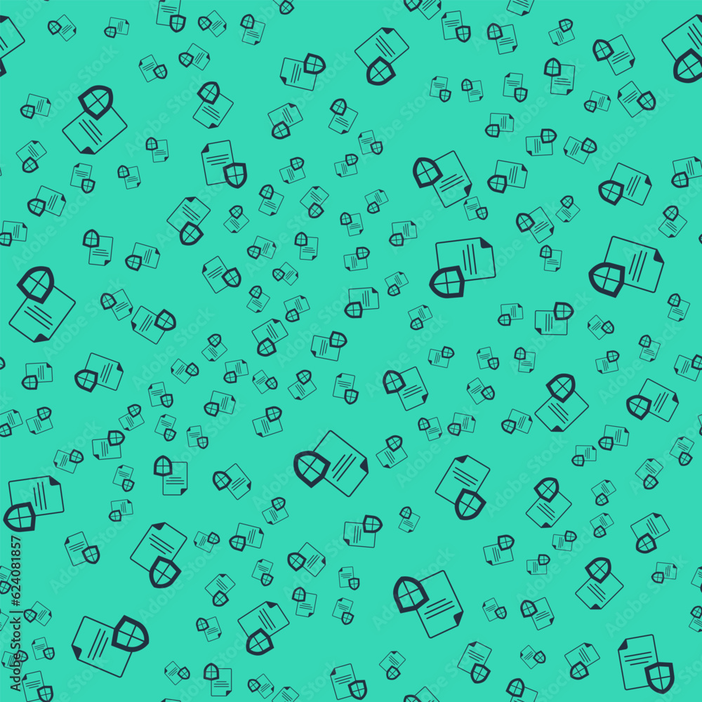 Black Contract with shield icon isolated seamless pattern on green background. Insurance concept. Security, safety, protection, protect concept. Vector Black Contract with shield icon isolated seamless pattern on green background. Insurance concept. Security, safety, protection, protect concept. Vector