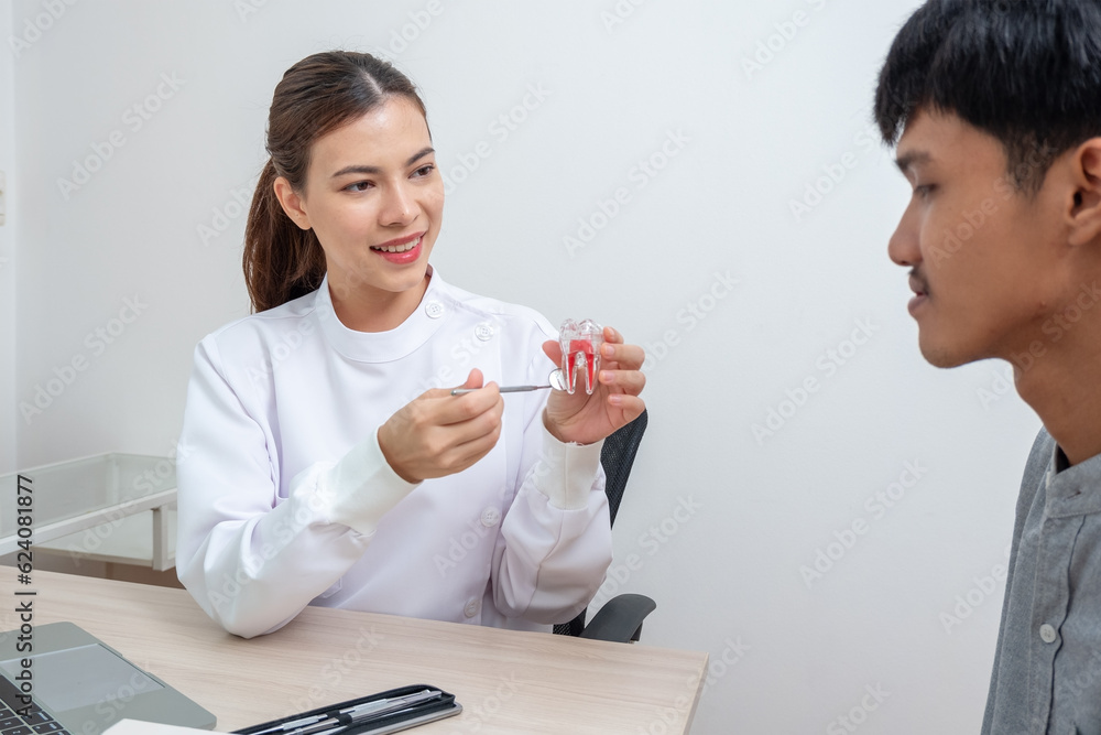 Beautiful young woman dentist in uniform holding dental prosthetic teeth showing red roots and explaining to patient. Beautiful young woman dentist in uniform holding dental prosthetic teeth showing red roots and explaining to patient.