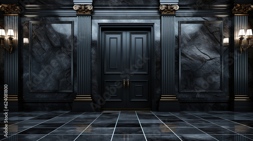 Architectural Splendor: the Opulence of a Large Dark Door in a Black Marble Room, Generative AI photo