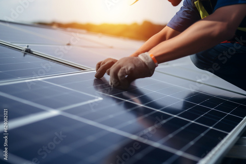 Alternative Energy. engineer technician working and checking installing solar cell farm power plant eco technology on the roof, renewable energy, save energy, solar power concept, Generative AI