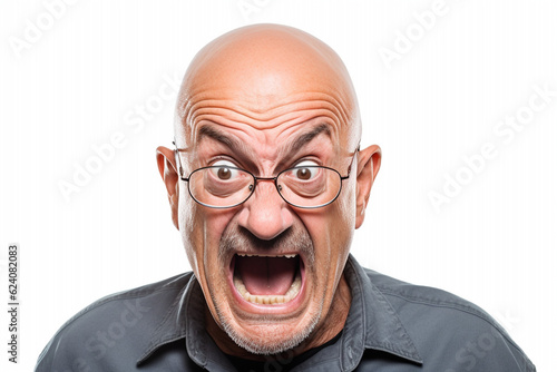 Bald senior man with a funny face expression fooling around. Isolated on white. Emotions. High quality photo
