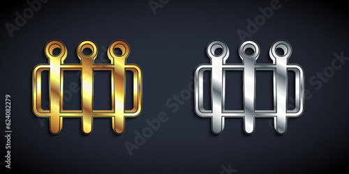 Gold and silver Needle for sewing icon isolated on black background. Tailor symbol. Textile sew up craft sign. Embroidery tool. Long shadow style. Vector
