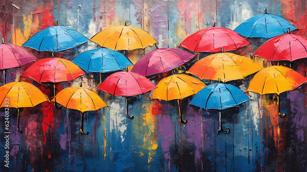 Textured raindrops on colorful umbrellas in a rainy scene, colorful art, multicolored oil art texture pictures Generative AI