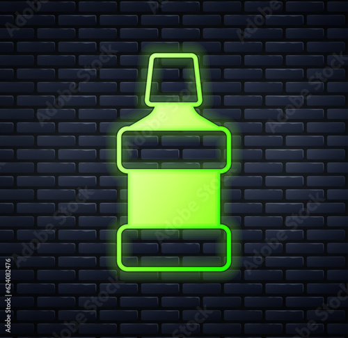 Glowing neon Mouthwash plastic bottle icon isolated on brick wall background. Liquid for rinsing mouth. Oralcare equipment. Vector