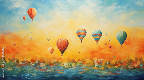 Textured and vibrant hot air balloons floating in the sky, colorful art, multicolored oil art texture pictures Generative AI
