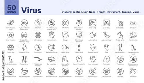 Icons virus, visceral section, ear, nose, throat, instrument, trauma, virus