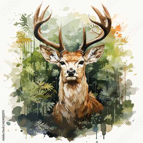 An intricately detailed logo illustration of a majestic deer, showcasing its long, elegant horns. The deer stands amidst a lush forest, surrounded by tall trees and vibrant foliage. The design conveys