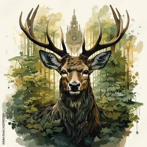 An intricately detailed logo illustration of a majestic deer, showcasing its long, elegant horns. The deer stands amidst a lush forest, surrounded by tall trees and vibrant foliage. The design conveys