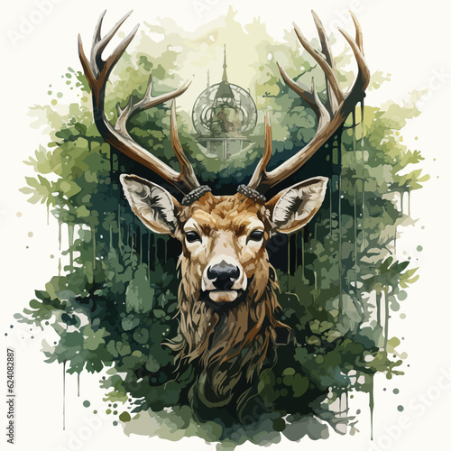 An intricately detailed logo illustration of a majestic deer, showcasing its long, elegant horns. The deer stands amidst a lush forest, surrounded by tall trees and vibrant foliage. The design conveys