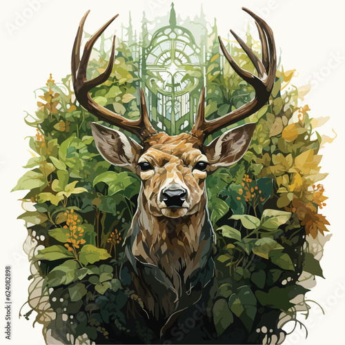 An intricately detailed logo illustration of a majestic deer, showcasing its long, elegant horns. The deer stands amidst a lush forest, surrounded by tall trees and vibrant foliage. The design conveys