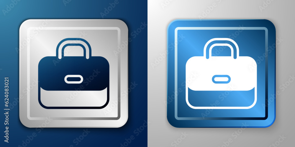 White Briefcase icon isolated on blue and grey background. Business case sign. Business portfolio. Silver and blue square button. Vector White Briefcase icon isolated on blue and grey background. Business case sign. Business portfolio. Silver and blue square button. Vector