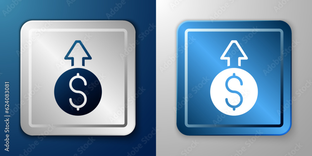 White Financial growth dollar coin icon isolated on blue and grey background. Increasing revenue. Silver and blue square button. Vector White Financial growth dollar coin icon isolated on blue and grey background. Increasing revenue. Silver and blue square button. Vector