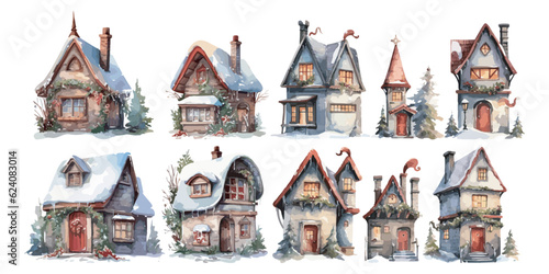 watercolor Cozy Christmas House clipart for graphic resources