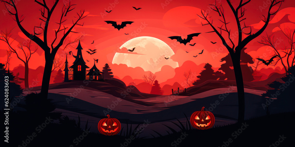 Halloween background, red sky, pumpkins and bats, spooky, wide