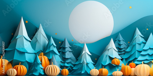 Blue fall forest with orange pumpkins, night, Halloween banner background, wide, copyspace photo
