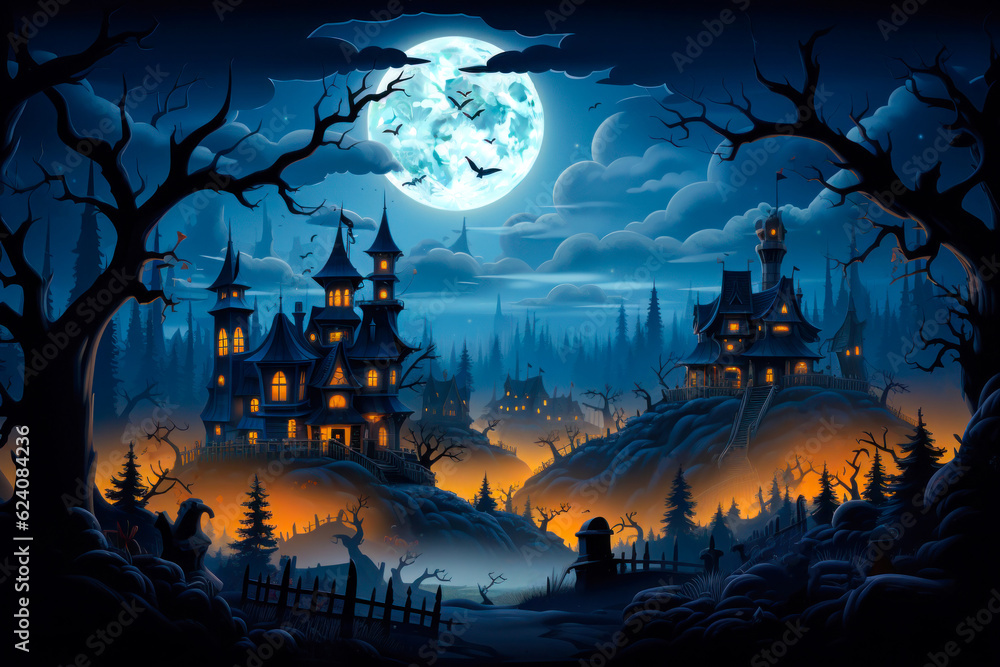 Spooky haunted village at night, full moon, Halloween background