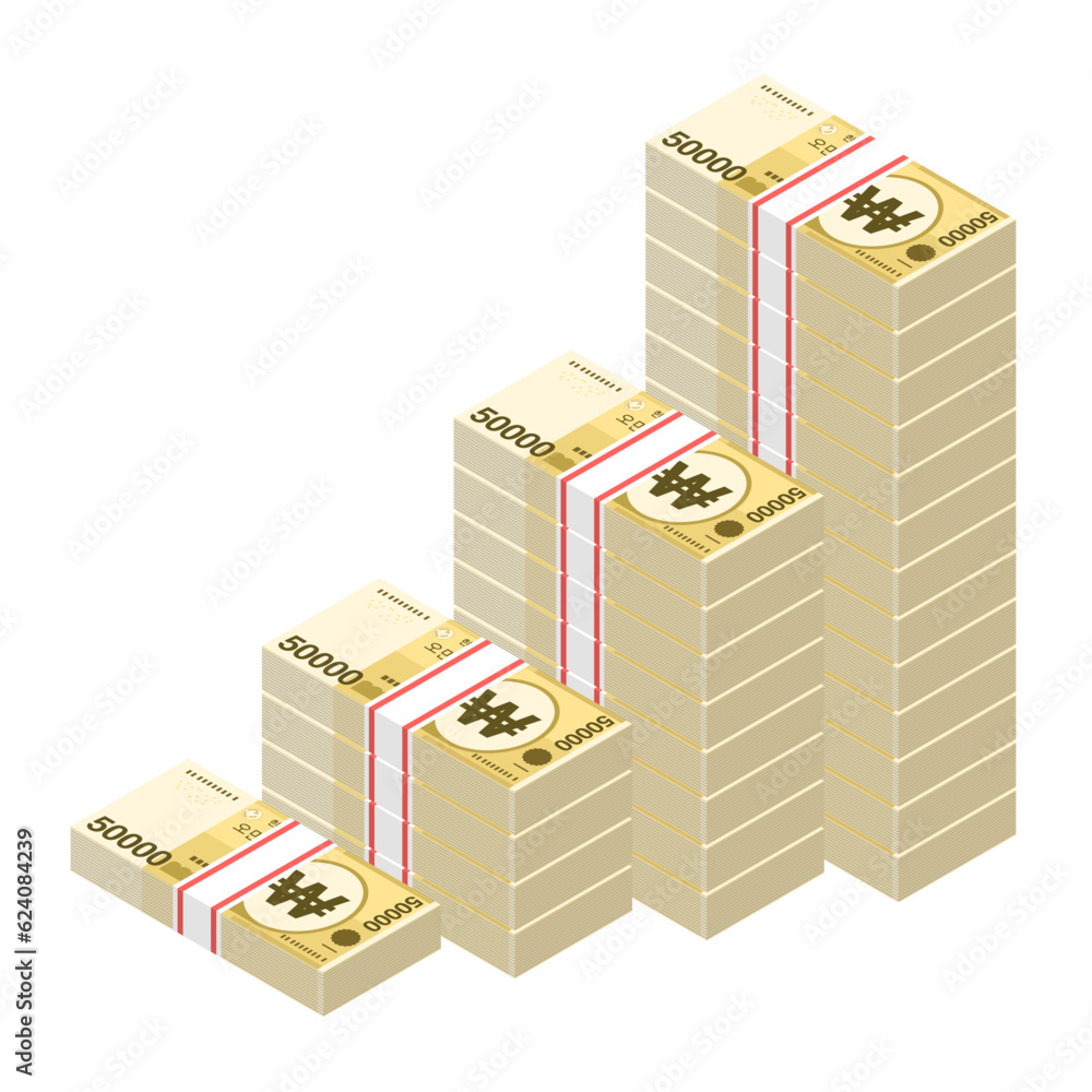 Isometric stacks of 50000 South Korean Won banknotes rising up graph. Big pile of money. Cash flow stairs. Business concept profit growth. Vector illustration