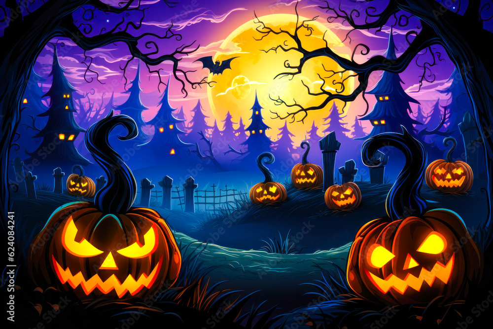 Pumpkin jack o' lanterns in spooky forest at night, full moon, Halloween background, purple and orange, colorful