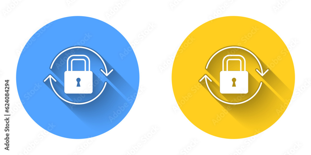 White Lock icon isolated with long shadow background. Padlock sign. Security, safety, protection, privacy concept. Circle button. Vector White Lock icon isolated with long shadow background. Padlock sign. Security, safety, protection, privacy concept. Circle button. Vector