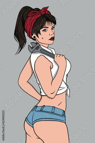 Illustration of pin up mechanic girl