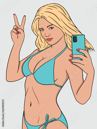 Illustration of beach girl taking selfie