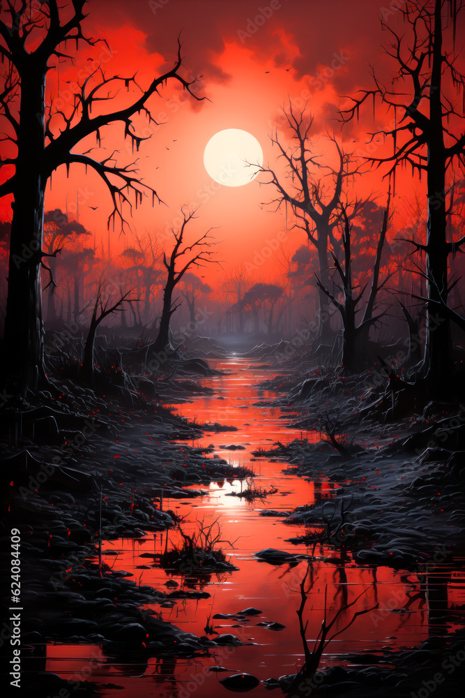 Spooky night forest with red sky and full moon, Halloween background, fantasy landscape, vertical Spooky night forest with red sky and full moon, Halloween background, fantasy landscape, vertical
