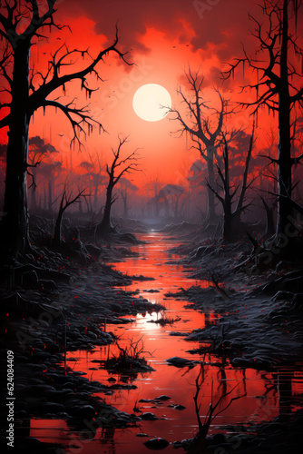 Spooky night forest with red sky and full moon, Halloween background, fantasy landscape, vertical