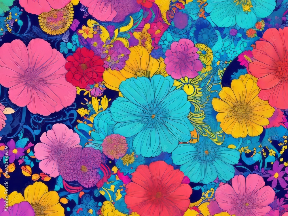 Un papel pintado abstracto vibrante con flores de colores