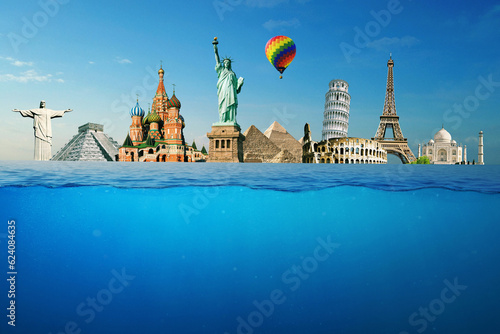 Summer holidays and travel, creative idea. Landmarks Statue of Liberty, Elf Tower, Moscow, Rome Colosseum, Church and Pyramids of Cheops with flying balloon with underwater view