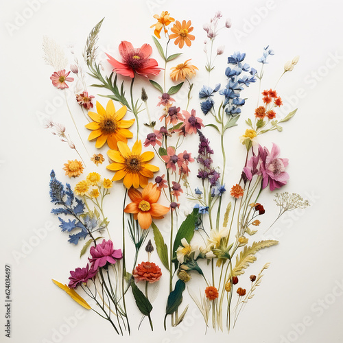 herbarium of wildflowers on white paper, pressed vibrant colored flowers bouquet , background floral 