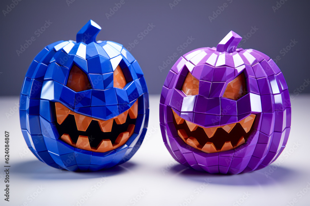 Pair of ceramic blue and purple pumpkin jack o' lanterns, home decor Pair of ceramic blue and purple pumpkin jack o' lanterns, home decor