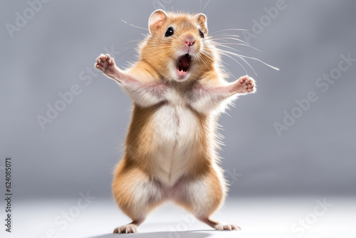 Adorable gerbil hamster dancing joyfully with a cheerful expression, isolated on a white background