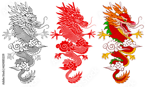 Set of dragons drawings for Chinese New Year 2024, year of the Dragon. Monochrome silhouette of dragon and colored cartoon character in oriental style. Paper cut style. Vector illustration