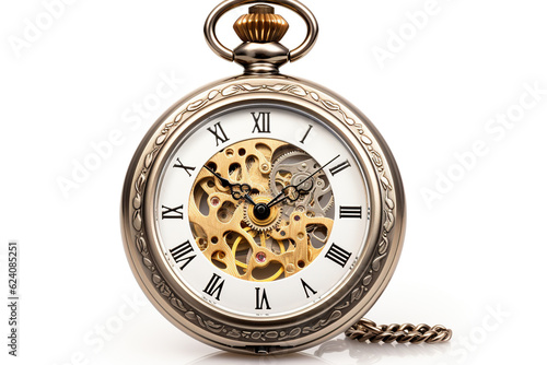 Classic, antique pocketwatch with intricate engravings, craftsmanship, isolated on a white background