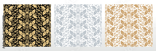 Wallpapers in the style of Baroque. Seamless vector backgrounds. Set of colored floral ornaments. Graphic patterns for fabric, wallpaper, packaging. Ornate Damask flower ornaments
