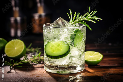 Indulge in a refreshing gin tonic cocktail garnished with ice, rosemary, lime, and cucumber, offering a delightful blend of flavors and aromas