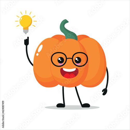 Cute smart pumpkin character. Funny pumpkin got inspiration idea cartoon emoticon in flat style. vegetable emoji vector illustration