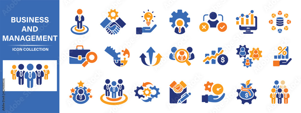 Fototapeta premium Business, data analysis, organization management and technology icon set. Teamwork, strategy, planning, marketing, cloud technology, data analysis, employee icon set. Icons vector collection