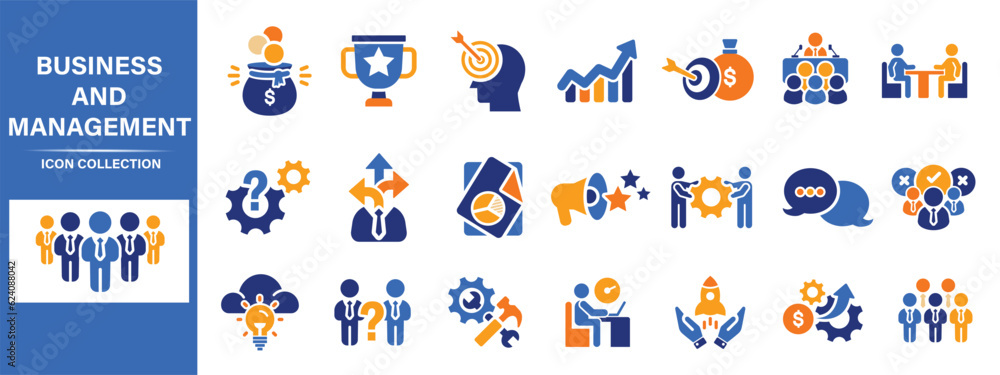 Fototapeta premium Business, data analysis, organization management and technology icon set. Teamwork, strategy, planning, marketing, cloud technology, data analysis, employee icon set. Icons vector collection