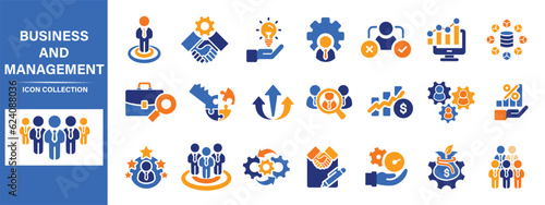 Business, data analysis, organization management and technology icon set. Teamwork, strategy, planning, marketing, cloud technology, data analysis, employee icon set. Icons vector collection © makyzz