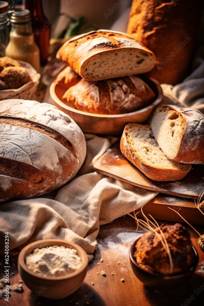 Composition with bread and bakery products on dark background. Bakery concept. Generative AI technology. Composition with bread and bakery products on dark background. Bakery concept. Generative AI technology.